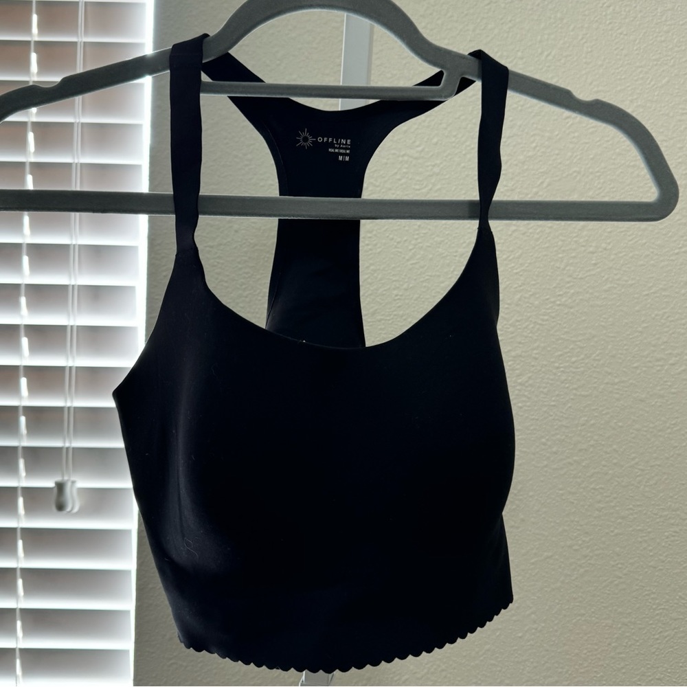 Aerie Offline Scalloped Sports Bra, Black, Medium